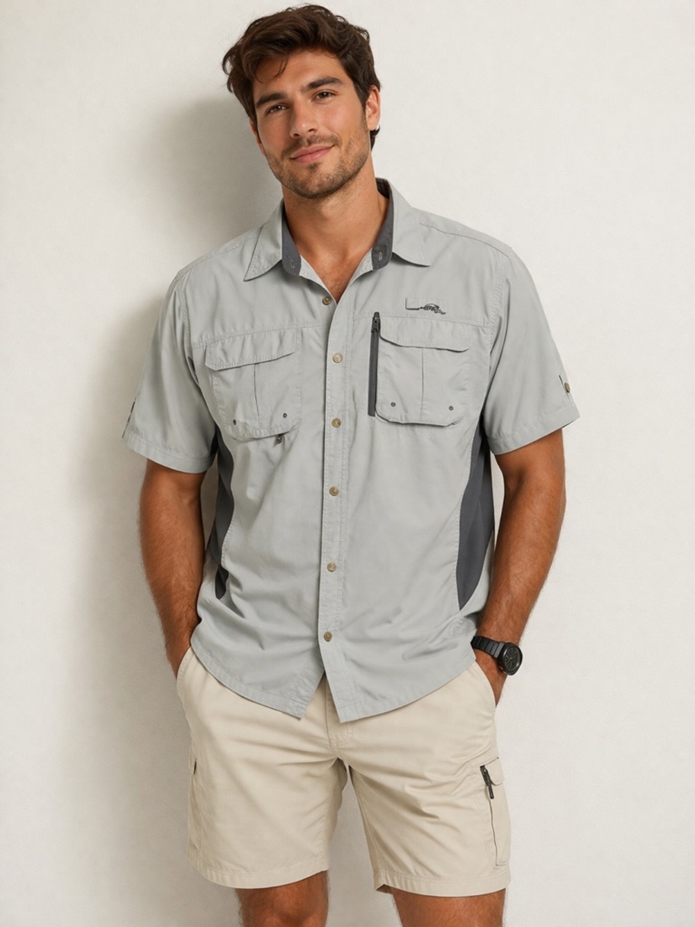 Light Gray Short-Sleeve Utility Outdoors Fishing Hiking Shirt